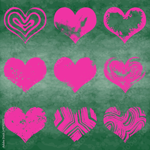 Chalk drawn vector collection of hearts. Set of heart in pink and red color on chalk board or school board. 