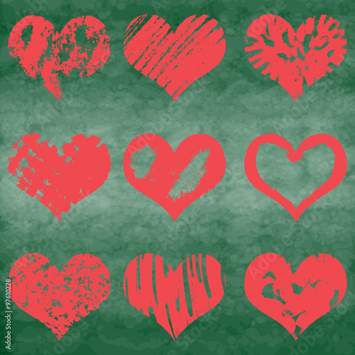 Chalk drawn vector collection of hearts. Set of heart in pink and red color on chalk board or school board. 