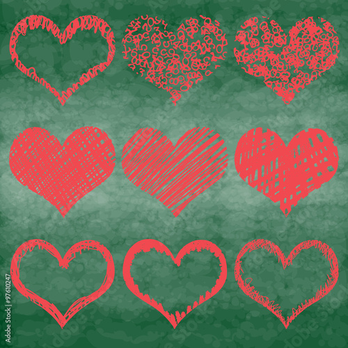 Chalk drawn vector collection of hearts. Set of heart in pink and red color on chalk board or school board. 