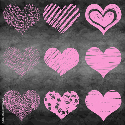 Chalk drawn vector collection of hearts. Set of heart in pink and red color on chalk board or school board. 