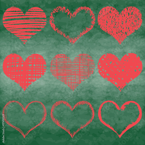Chalk drawn vector collection of hearts. Set of heart in pink and red color on chalk board or school board. 