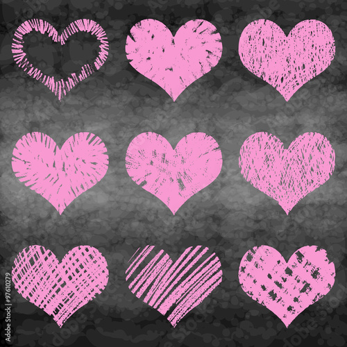 Chalk drawn vector collection of hearts. Set of heart in pink and red color on chalk board or school board. 