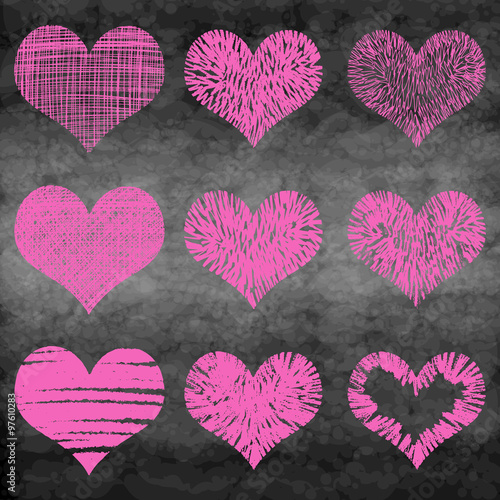 Chalk drawn vector collection of hearts. Set of heart in pink and red color on chalk board or school board. 
