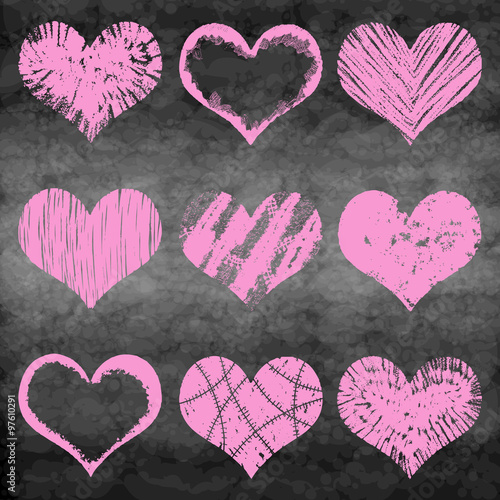 Chalk drawn vector collection of hearts. Set of heart in pink and red color on chalk board or school board. 