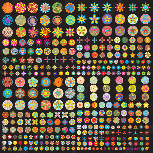 Over 300 flower icon in color, mod flowers, flat style floral circle blooms. Super bundle of floral circular design elements. silhouette icons, isolated. 