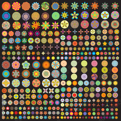 Over 300 flower icon in color, mod flowers, flat style floral circle blooms. Super bundle of  floral circular design elements. silhouette icons, isolated. 