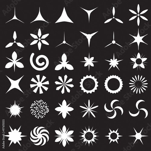 Large sparkles vector set of 36. Stars icons with rays for explosion  fireworks Light effects on glass  water or camera lens. Magic flash.