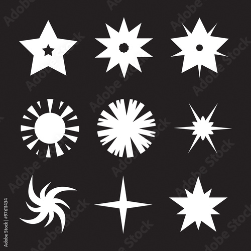 Sparkles and starbursts symbols. Lens or glass flare. Flat stars glitter, logo.