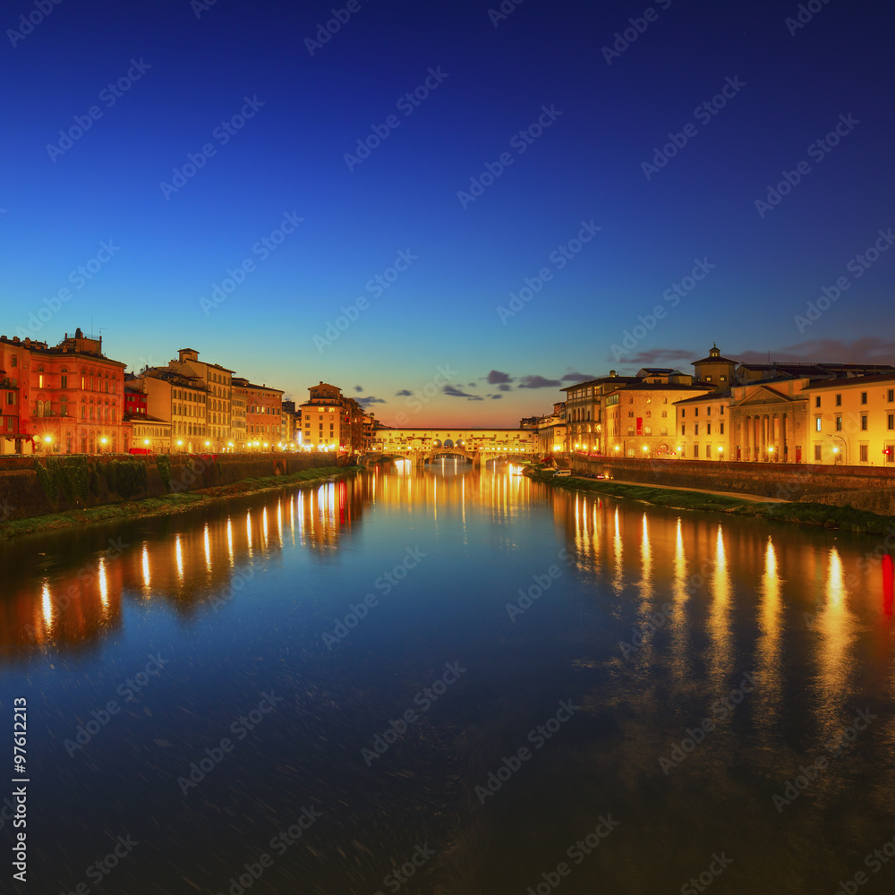 Ponte Vecchio landmark on sunset, old bridge, Arno river in Flor