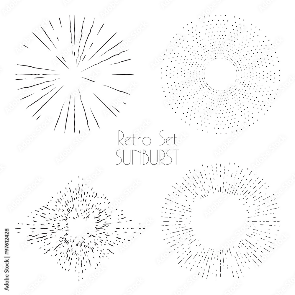 Collection of trendy hand drawn retro sunburst in set of four. Bursting ...