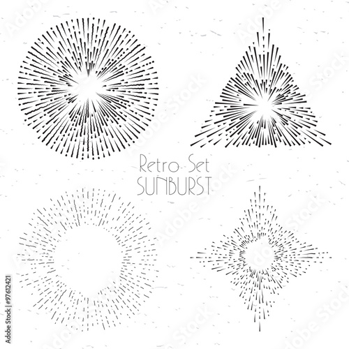 Collection of trendy hand drawn retro sunburst in set of four. Bursting rays design elements in various shapes. Sun ray frames vector design.