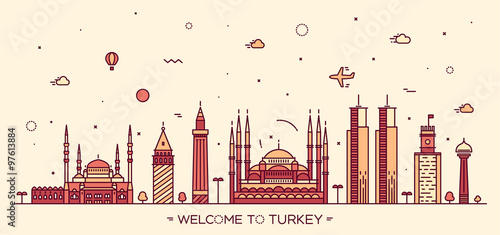 Turkey skyline vector illustration linear style
