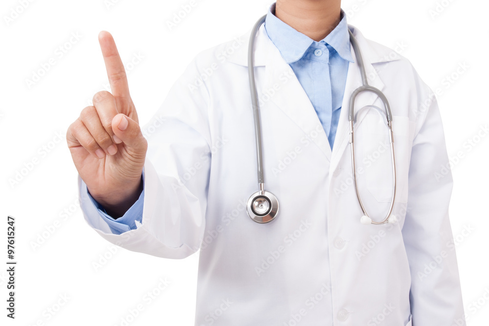 Doctor using a digital tablet and finger pointing up virtual screen. Doctor using a digital tablet and finger pointing up virtual screen.