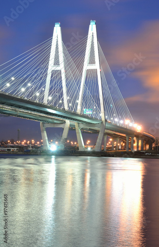 Cable stayed bridge at night.
