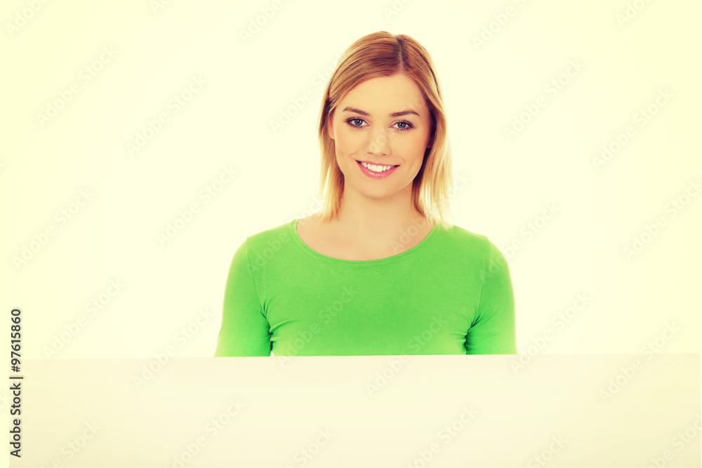 Happy woman with blank board. Happy woman with blank board.