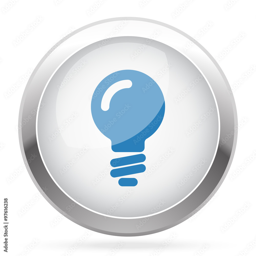Blue Light Bulb icon on white glossy chrome app button Blue Light Bulb icon on white glossy chrome app button
