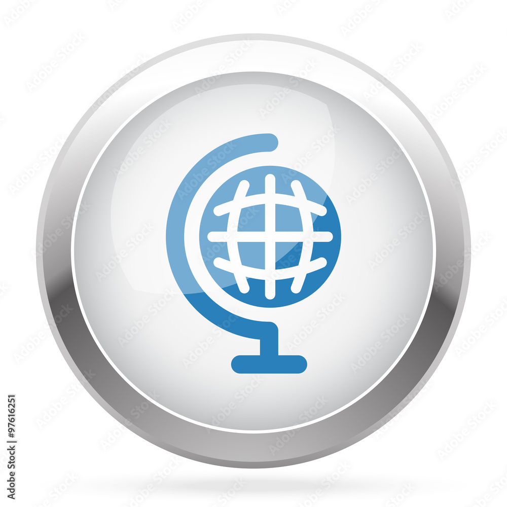 Blue Earth Globe icon on white glossy chrome app button Blue Earth Globe icon on white glossy chrome app button