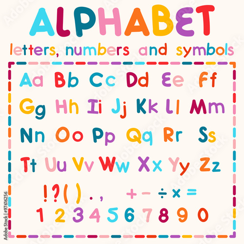Color alphabet. Latin alphabet, numbers, symbols