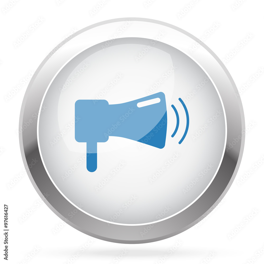 Blue Megaphone icon on white glossy chrome app button Blue Megaphone icon on white glossy chrome app button