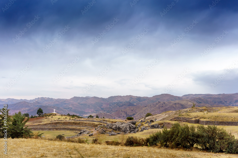 Scenic view of mountain range and landscape, Cusco, Peru