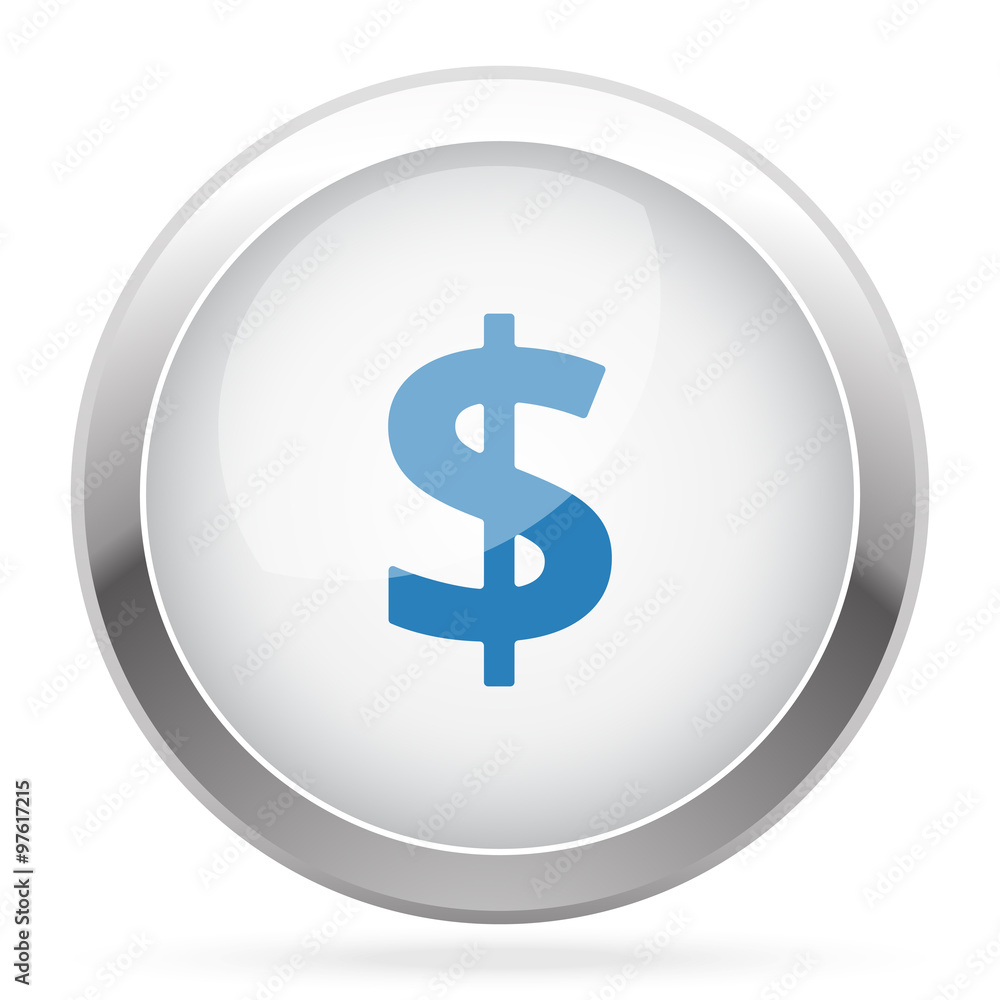 Blue Dollar icon on white glossy chrome app button Blue Dollar icon on white glossy chrome app button