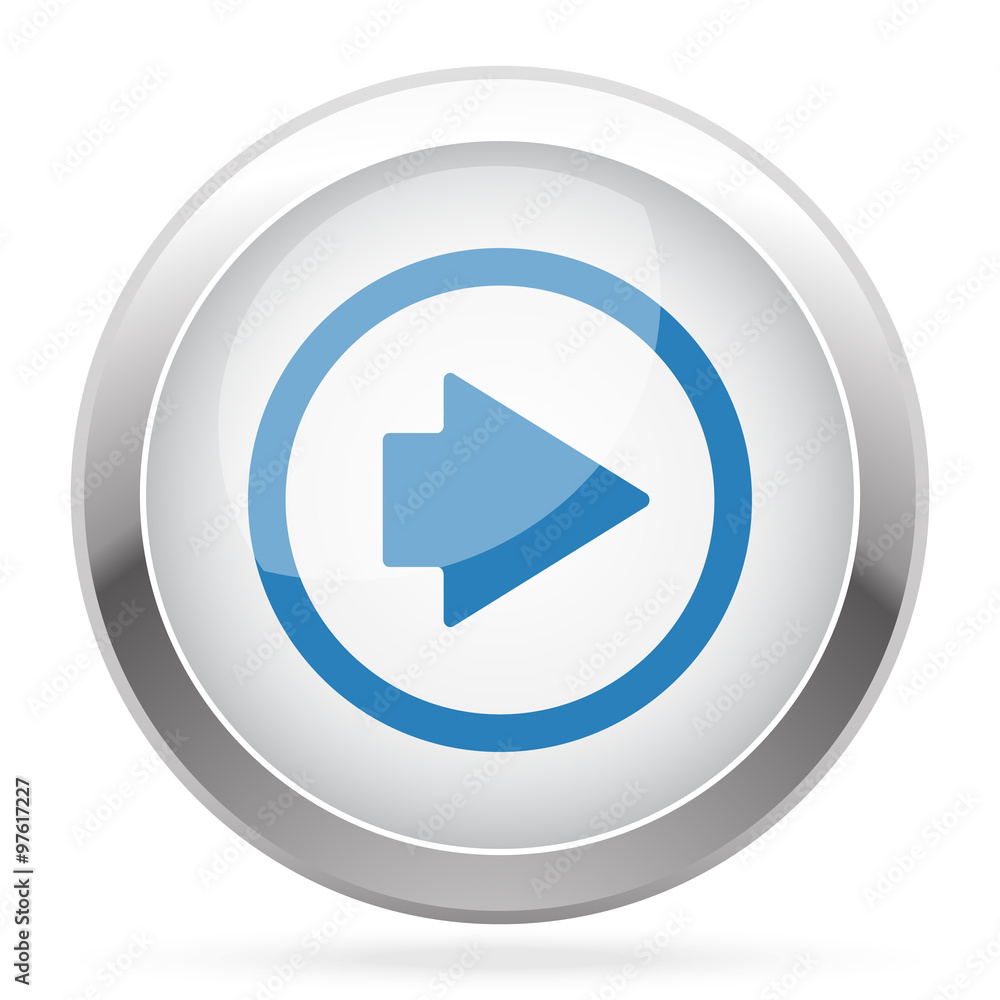 Blue Arrow Right icon on white glossy chrome app button Blue Arrow Right icon on white glossy chrome app button