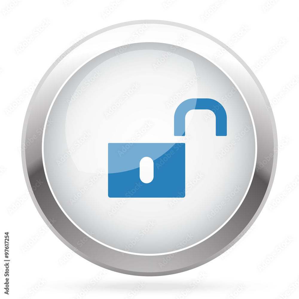 Blue Unlock icon on white glossy chrome app button Blue Unlock icon on white glossy chrome app button