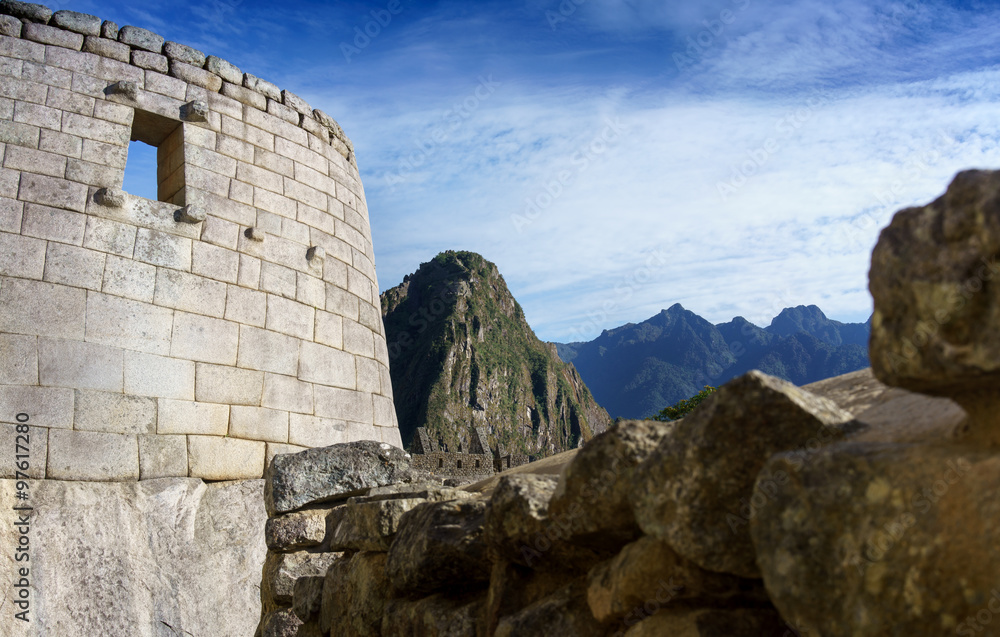 Sun temple with mountains in the background, Machu Picchu, Cusco Region, Urubamba Province, Machupicchu District, Peru Sun temple with mountains in the background, Machu Picchu, Cusco Region, Urubamba Province, Machupicchu District, Peru