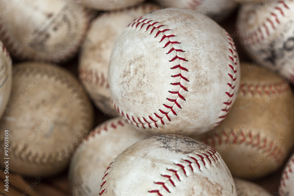 Full frame shot of white old baseballs for sale at flea market Full frame shot of white old baseballs for sale at flea market