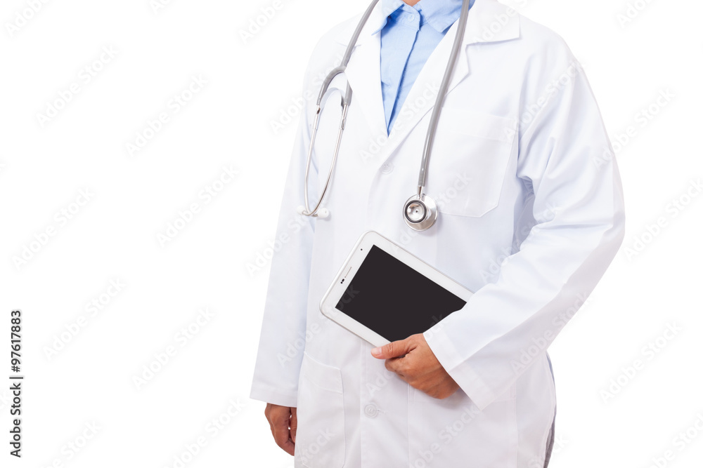 Doctor holding digital tablet on white background. Doctor holding digital tablet on white background.