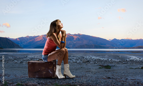 Pretty brunette retro hitchhiker