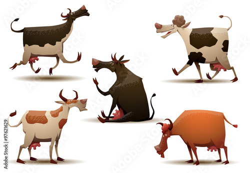 Vector Funny cows set. Cartoon image of five funny cows of different colors and various poses on a light background.