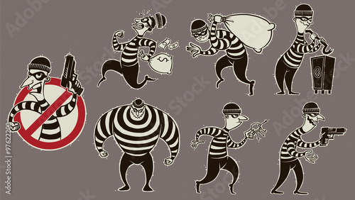 Vector cartoon image of a set of differents retro robbers in black masks, striped dress and with different attributes of theft in the hands on a gray background.