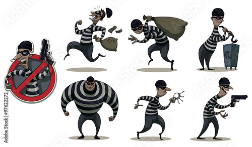 Obraz na plátně Vector cartoon image of a colored set of differents retro robbers in black masks, striped dress and with different attributes of theft in the hands on a white background