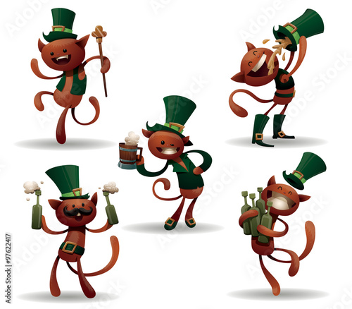Vector cartoon image of five funny red cat in green hats in various positions with a beer in his paws on a light background. In the theme of St. Patrick's Day.