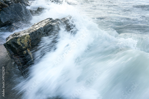 Waves breaking against rocks on the coast, Trinidad, Trinidad And Tobago