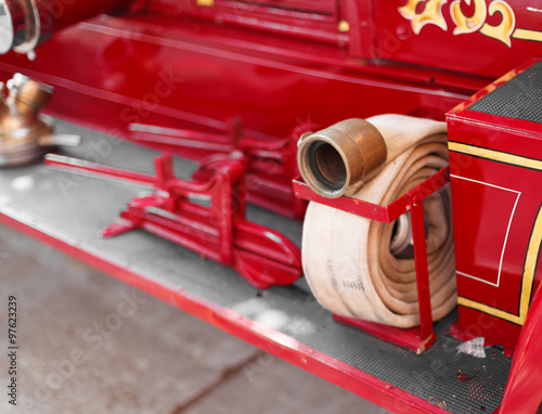 Close-up of a fire hose at an antique vintage fire engine, Prince Edward Island, Canada