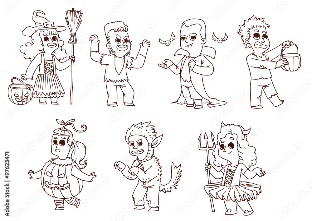 Vector Children in costume for Halloween, line art. Line cartoon image of seven funny children boys and girls in various costumes for Halloween on a white background.