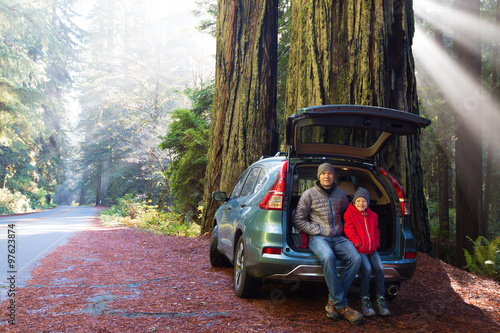 family in redwood forest
