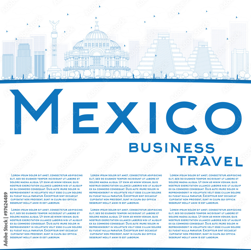 Outline Mexico skyline with blue landmarks and copy space. Some elements have transparency mode different from normal.
