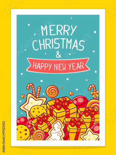 Vector illustration of red and yellow christmas items and hand w