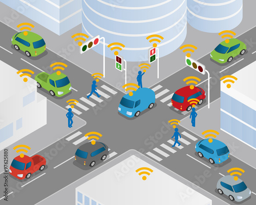 Traffic and wireless network, Intelligent Transport Systems, Internet of Things, vector illustration