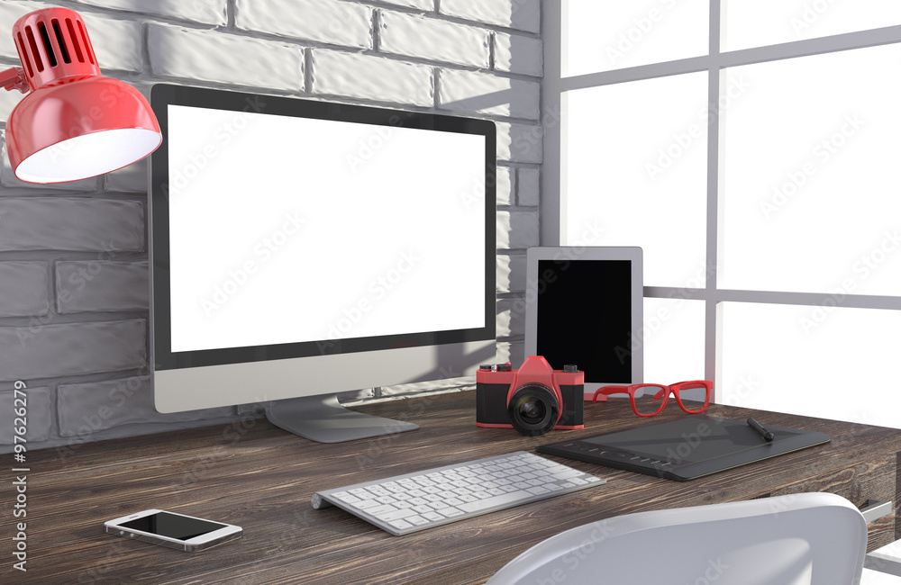 Fototapeta premium 3D illustration PC screen on table in office, Workspace