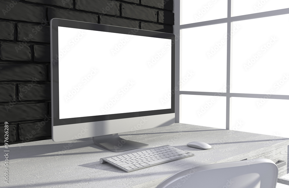 Fototapeta premium 3D illustration PC screen on table in office, Workspace