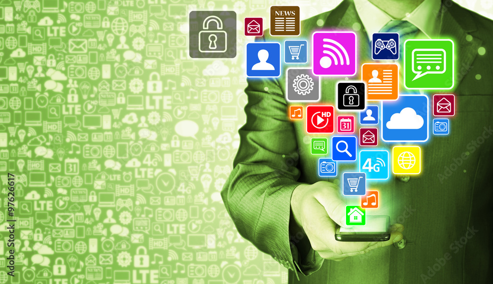Business man using smart phone with social media icon set Business man using smart phone with social media icon set