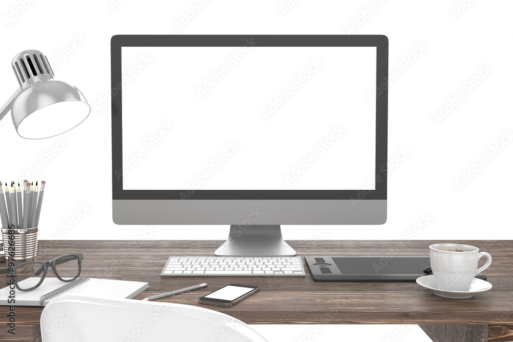 3D illustration PC screen on table in office, Workspace 3D illustration PC screen on table in office, Workspace