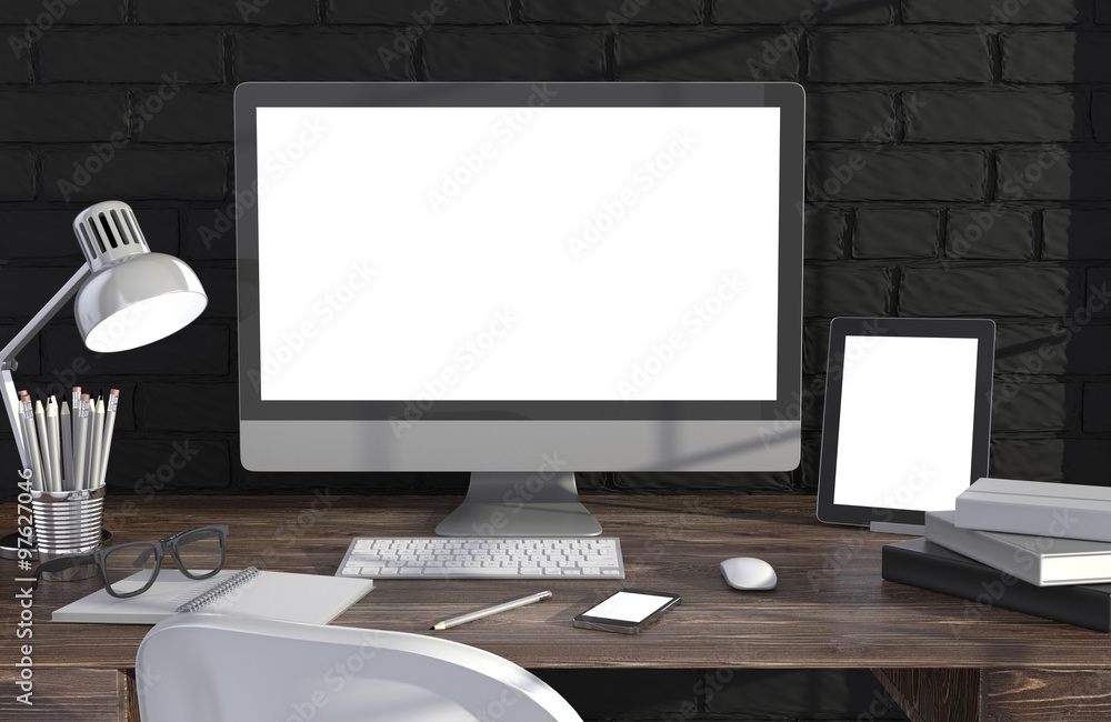 3D illustration PC screen on table in office, Workspace 3D illustration PC screen on table in office, Workspace