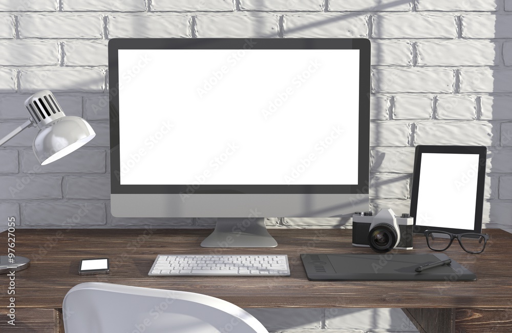 3D illustration PC screen on table in office, Workspace 3D illustration PC screen on table in office, Workspace