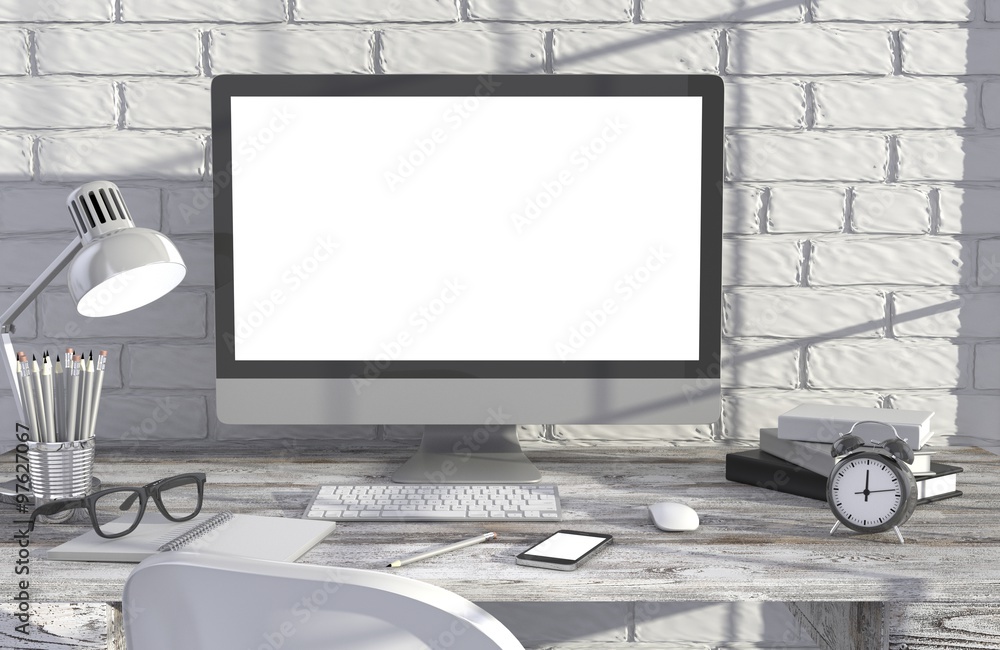 Fototapeta premium 3D illustration PC screen on table in office, Workspace