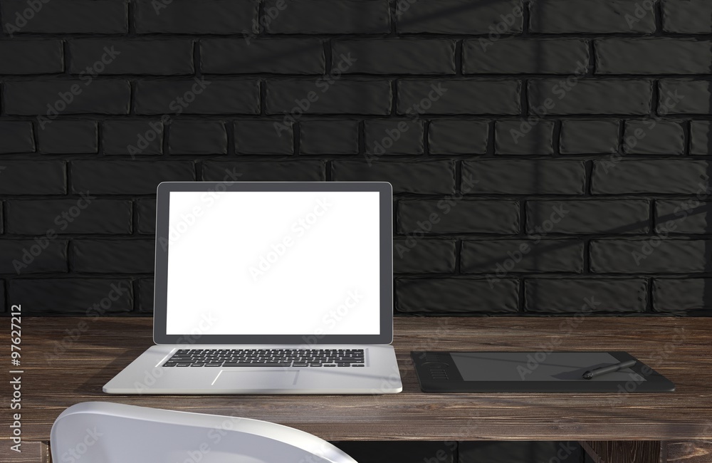 3D illustration laptop and work stuff on table near brick wall, Workspace 3D illustration laptop and work stuff on table near brick wall, Workspace